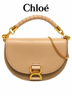 Chloé Marcie Saddle Beige Tan Leather Bag Gold Hardware Crossbody Shoulder Lux